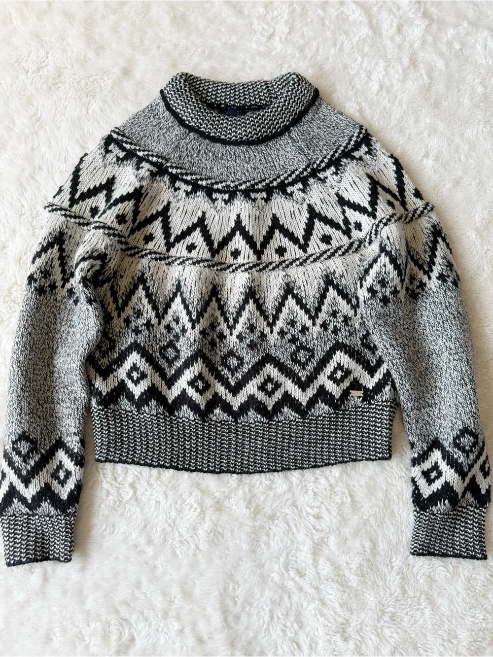 Woman Geometric Chunky Crewneck Fair Isle Fisherman Sweater SMALL Cozy Coastal - Picture 2 of 7